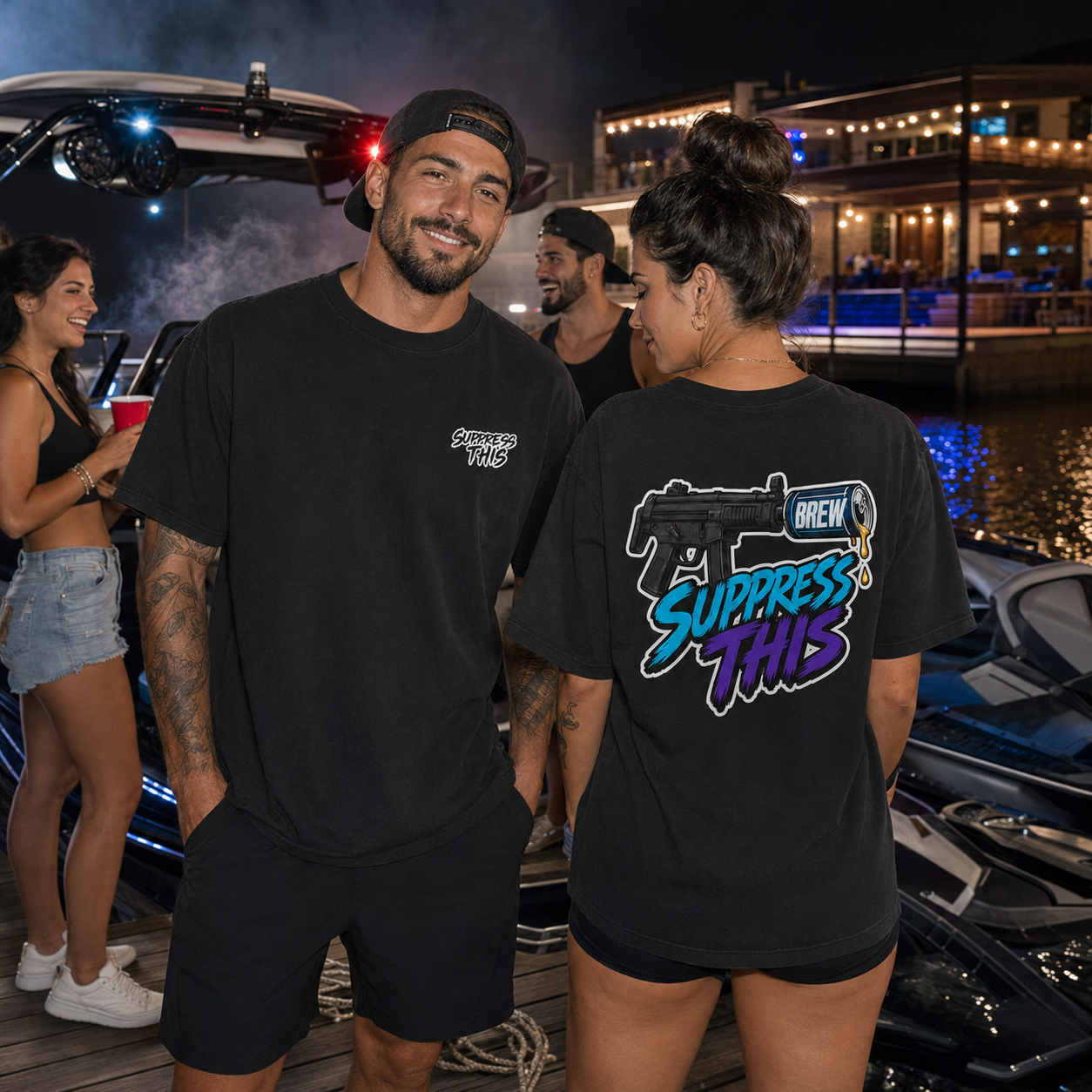 SMG Brew tee on the dock at night — lifestyle
