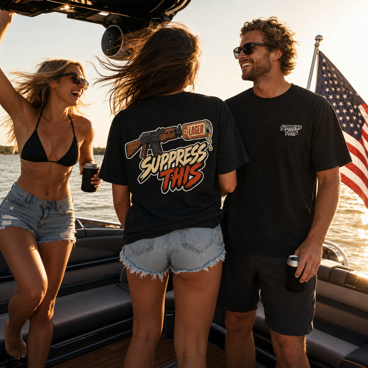 AK Lager tee worn on a boat day — lifestyle