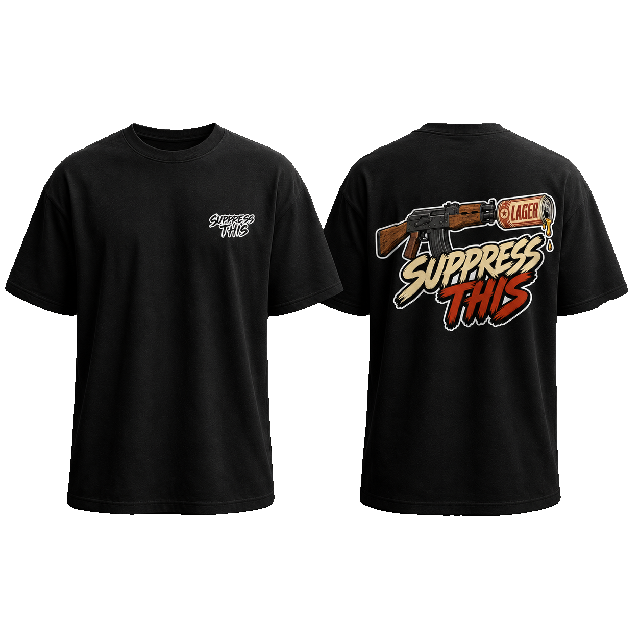 AK Lager Runs Dirty tee — front and back, transparent background