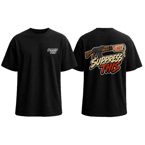AK Lager Runs Dirty tee — front and back, transparent background
