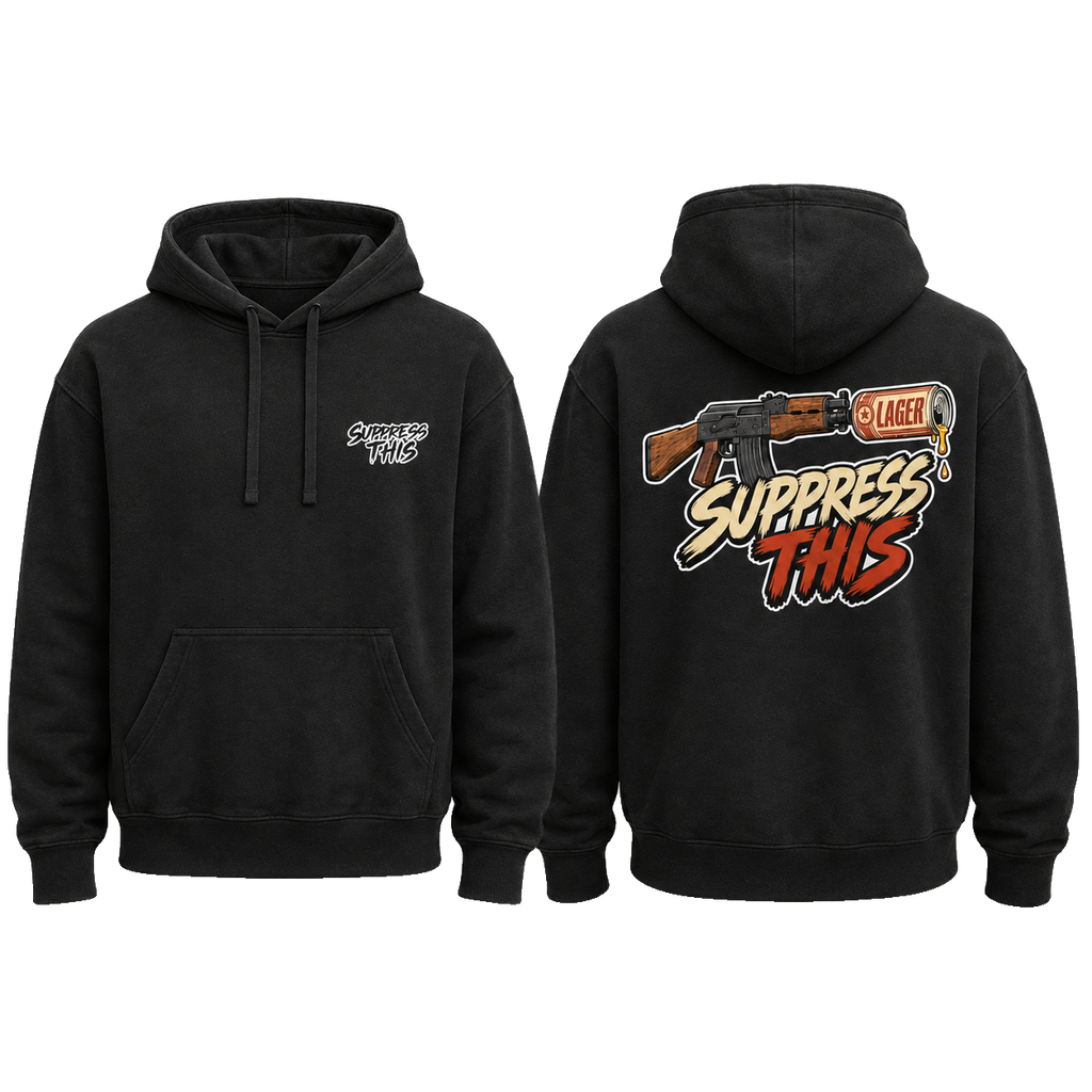 AK Lager Runs Dirty hoodie — front and back, transparent background