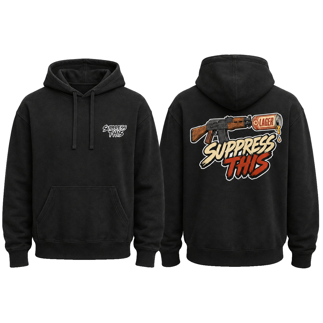 AK Lager Runs Dirty hoodie — front and back, transparent background