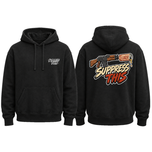 AK Lager Runs Dirty hoodie — front and back, transparent background
