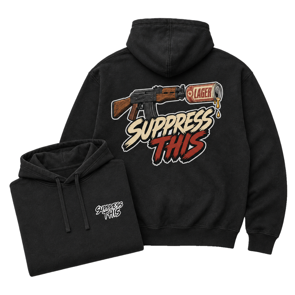 AK Lager Runs Dirty hoodie — flat lay detail