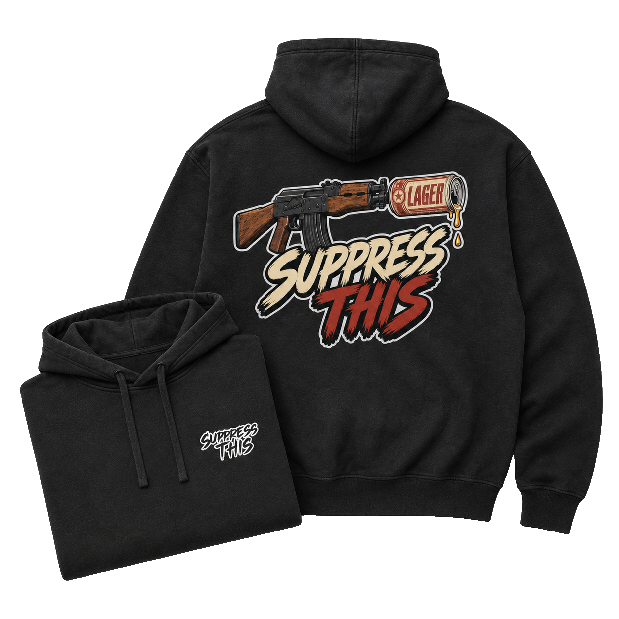 AK Lager Runs Dirty hoodie — flat lay detail
