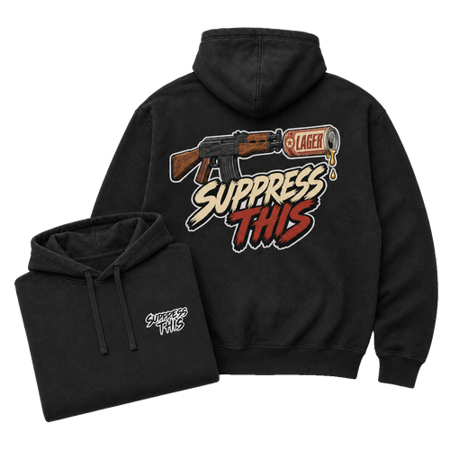 AK Lager Runs Dirty hoodie — flat lay detail