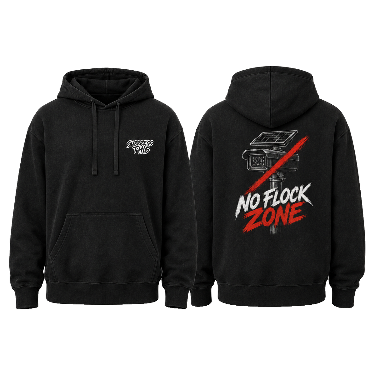 No Flock Zone hoodie — front and back, transparent background