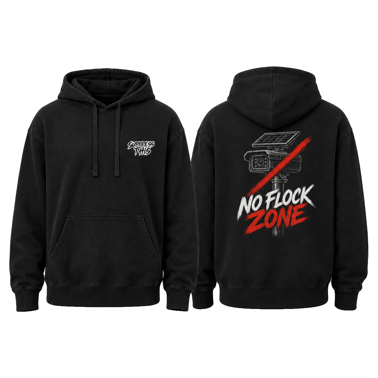 No Flock Zone hoodie — front and back, transparent background