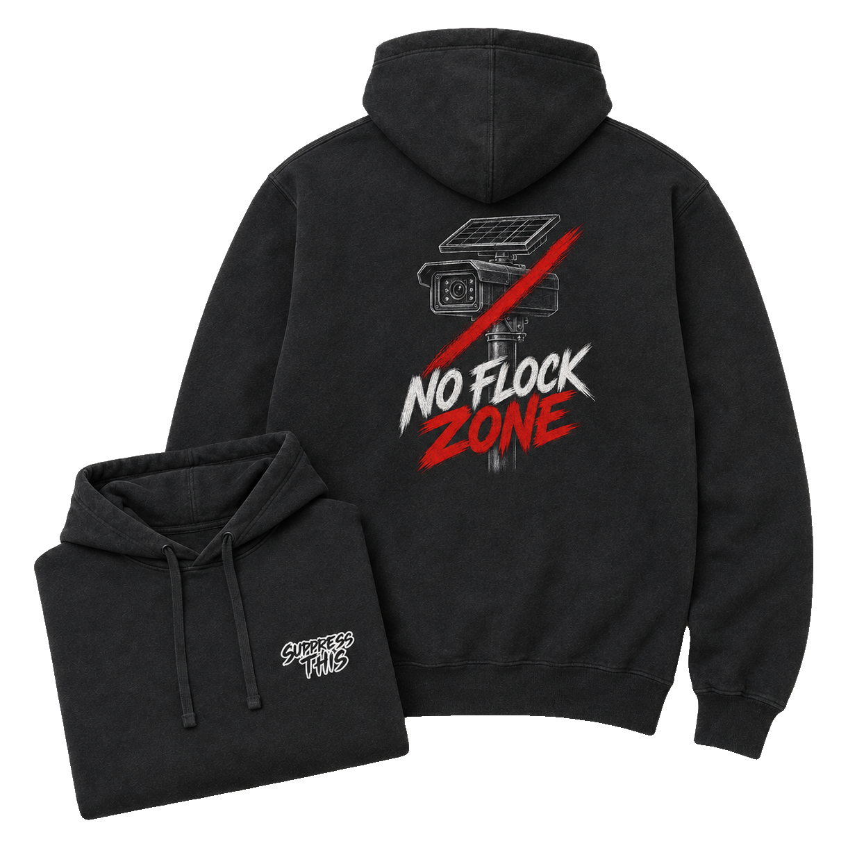 No Flock Zone hoodie — flat lay detail