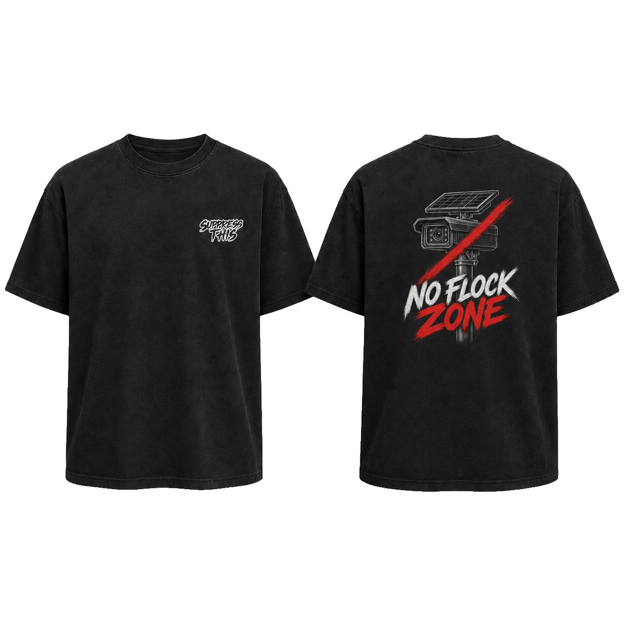 No Flock Zone tee — front and back, transparent background