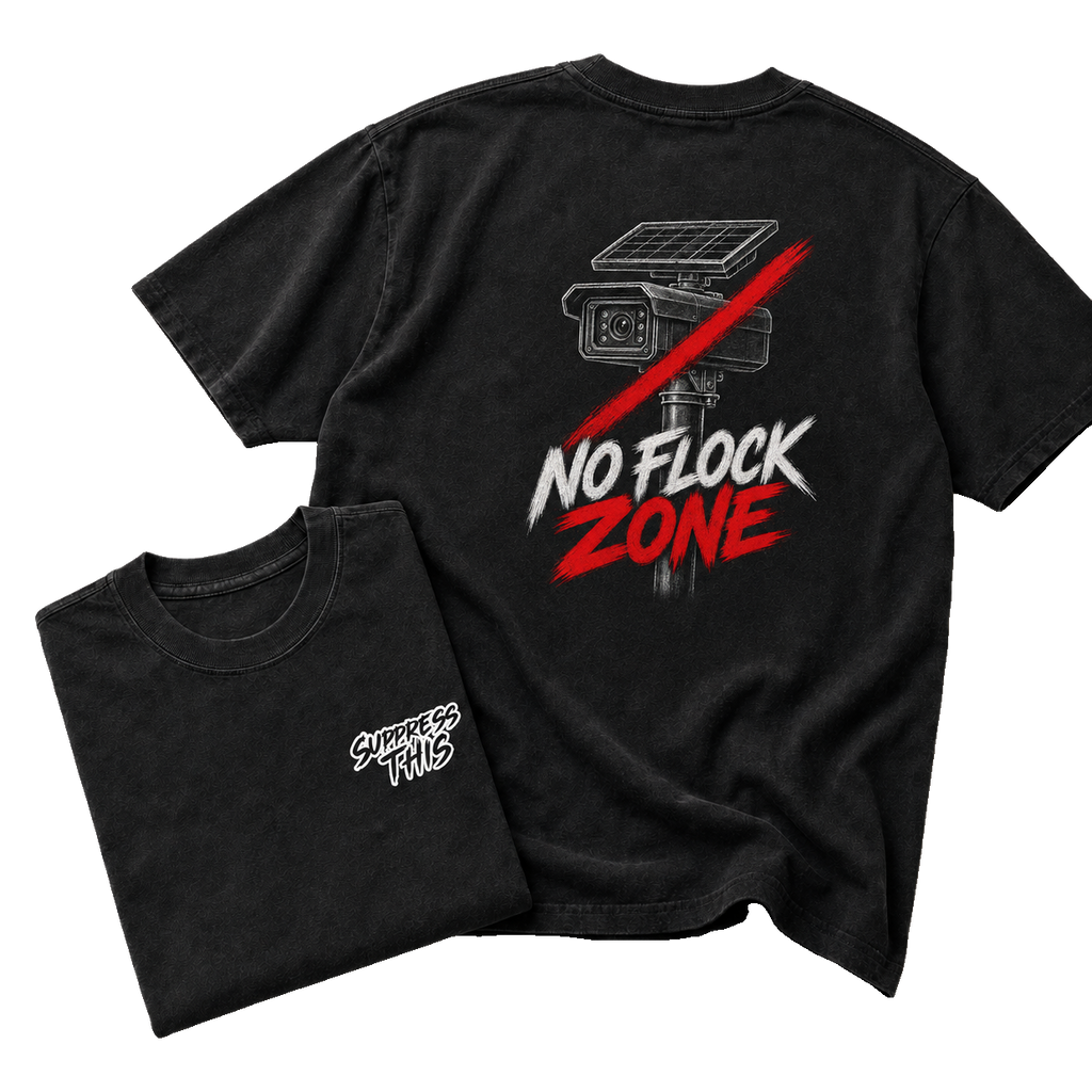 No Flock Zone tee — flat lay detail