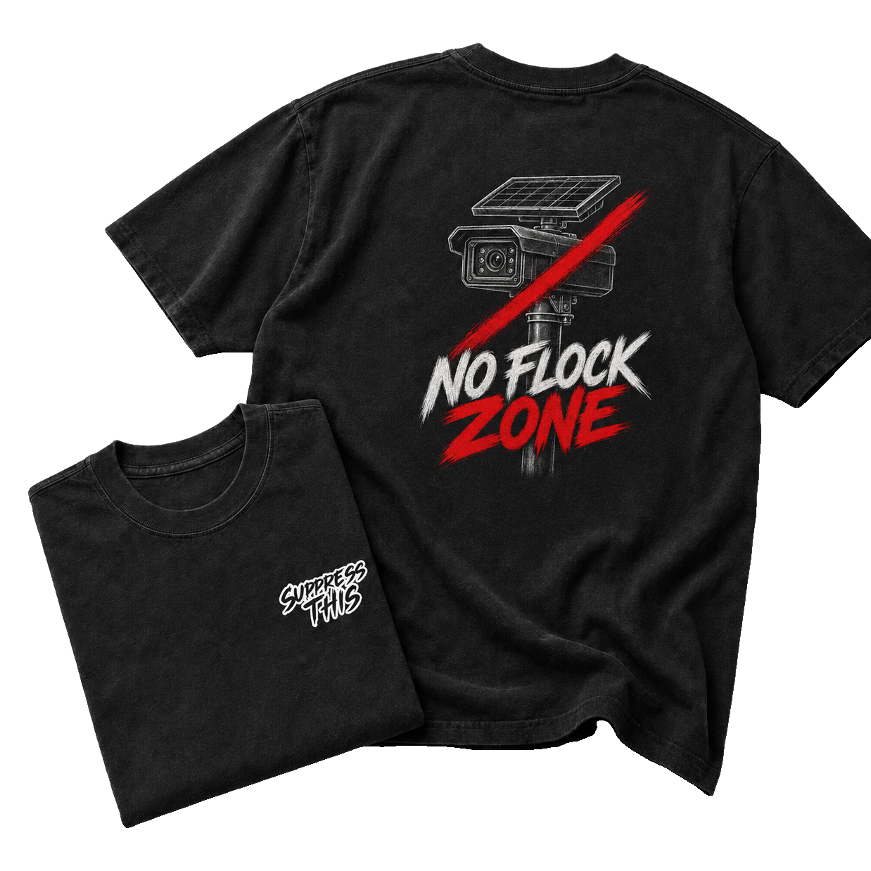 No Flock Zone tee — flat lay detail