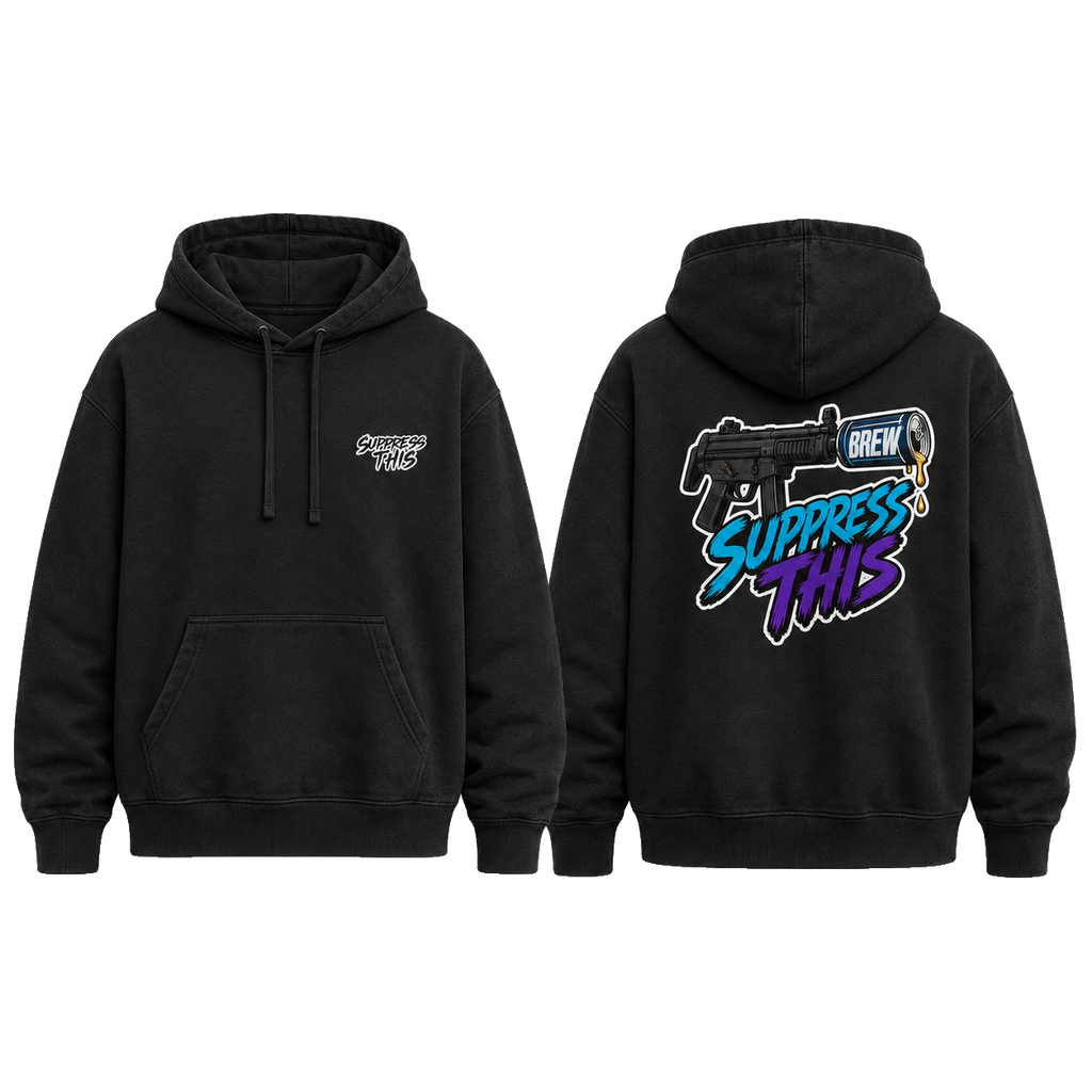 SMG Brew Mag Dump hoodie — front and back, transparent background