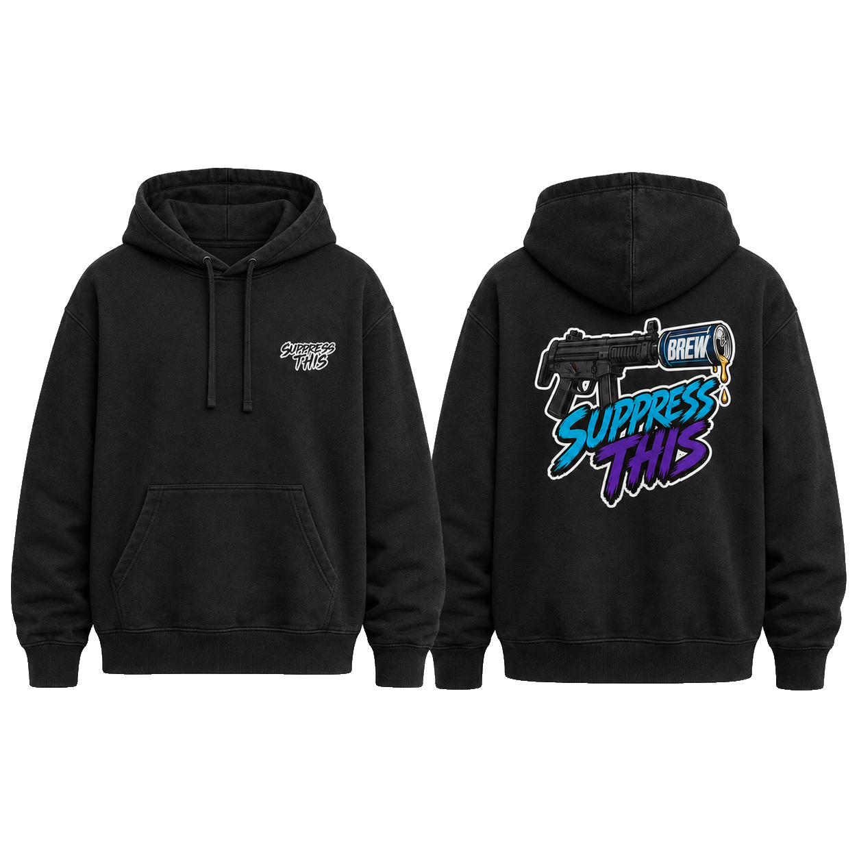 SMG Brew Mag Dump hoodie — front and back, transparent background