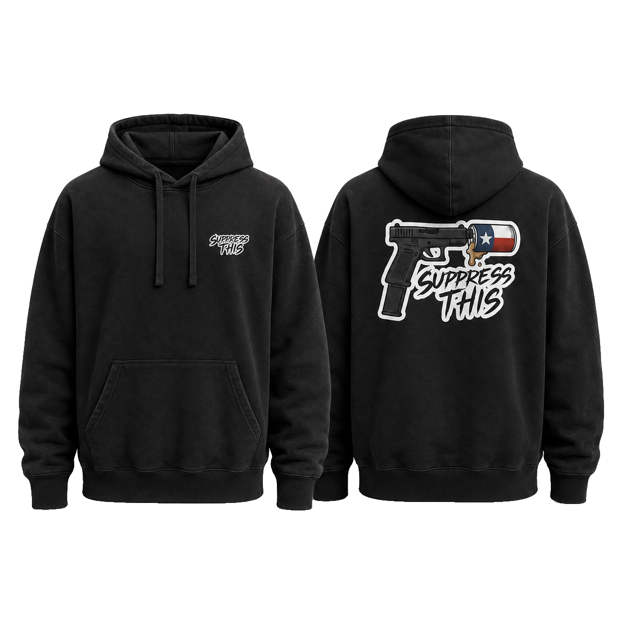 Texas Can Come and Drink It hoodie — front and back, transparent background